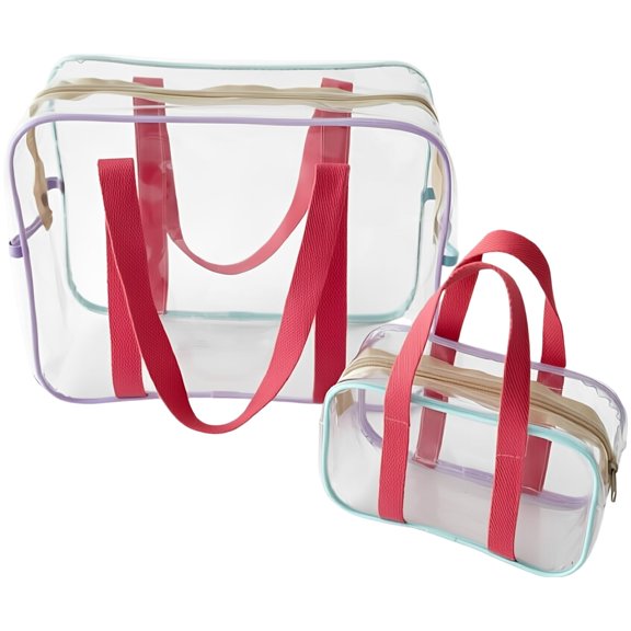 2 Pcs Clear Makeup Bags, Travel Toiletry Bag with Handle, Waterproof Transparent Pouch Set with Macaron Colors for Beach Swimming Gym, Large Cosmetic Totes for Women
