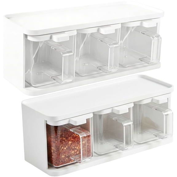 2 Pcs Clear Seasoning Box, 3 Grids Spice Rack Organizer Set, Stackable Seasoning Container, 31.04 oz Capacity, Easy Open Lids, Pure White, 11.7 x 4.4 x 3.8 in for Home Kitchen