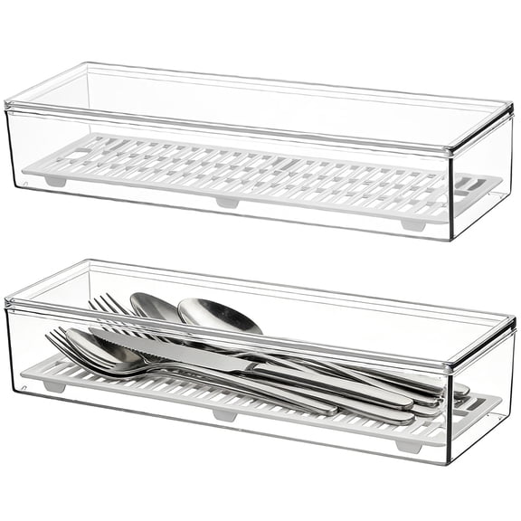 2 Pcs Clear Silverware Organizer with Lid, 11.6 in Plastic Flatware Storage Box, Multi-function Chopsticks Cutlery Storage Box with Draining Plate for Kitchen Drawer