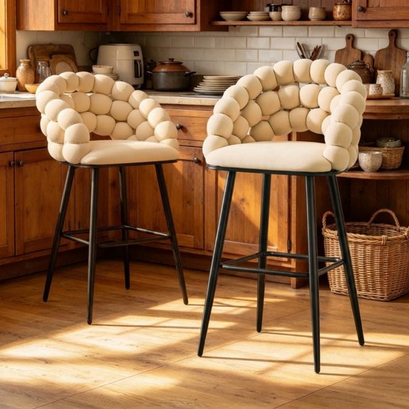 2 Pcs Cloud Bubble Back Bar Height Bar Stool, Velvet Upholstered Bar Chair, Matte Metal Legs, Ergonomic Padded Breakfast Stool with Footrest for Kitchen Island & Home Bar
