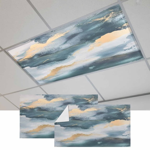 2 Pcs Cloud Effect Fluorescent Light Covers Modern Golden Green Marble Texture Magnetic Light Covers for Ceiling Lights 4 x 2 ft Drop Ceiling Lights Cover Shade for Office, Home, Hospital