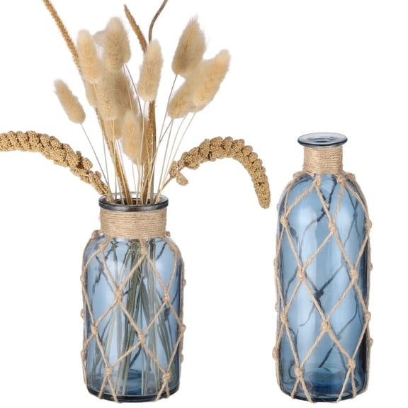 2 Pcs Coastal Glass Vases, Light Blue Decorative Bottles with Boho Rope Wrapping, Small Flower Vase for Home Decor, Weddings, Special Events