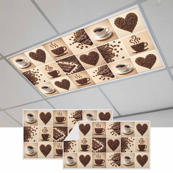 2 Pcs Coffee Beans Fluorescent Light Covers Country Heart Coffee Bean Chocolate Patchwork Brown Magnetic Light Covers for Ceiling Lights 4 x 2 ft Drop Ceiling Lights Cover Shade for Office, Home,