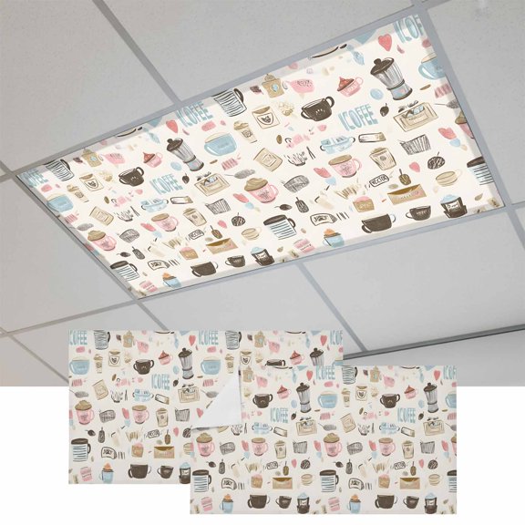 2 Pcs Coffee Cappuccino Fluorescent Light Covers Cartoon Hand Painted Modern Retro Magnetic Light Covers for Ceiling Lights 4 x 2 ft Drop Ceiling Lights Cover Shade for Office, Home, Hospital