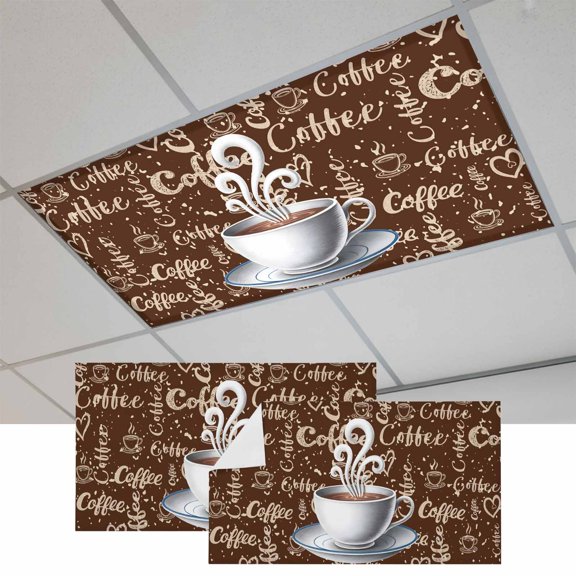 2 Pcs Coffee Cup Fluorescent Light Covers Cafe Retro Dark Brown Background Vintage Magnetic Light Covers for Ceiling Lights 4 x 2 ft Drop Ceiling Lights Cover Shade for Office, Home, Hospital