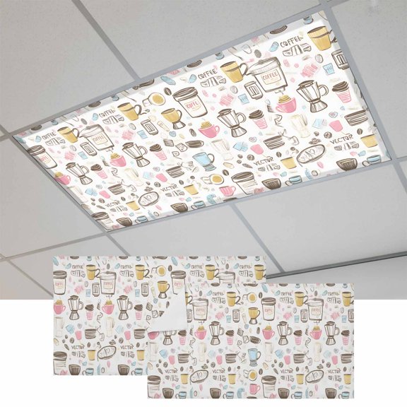 2 Pcs Coffee Fluorescent Light Covers Cartoon Modern Hand Painted Magnetic Light Covers for Ceiling Lights 4 x 2 ft Drop Ceiling Lights Cover Shade for Office, Home, Hospital