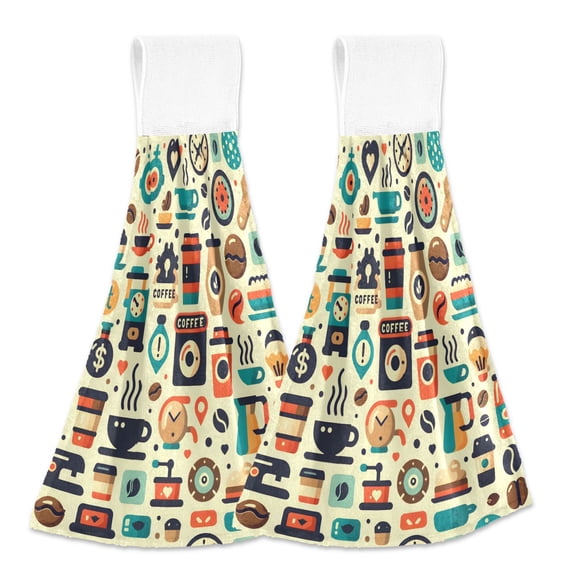2 Pcs Coffee Shop Signs Icon Kitchen Hand Towels with Hanging Loops Absorbent Soft Fast Drying Decor Bath Towels