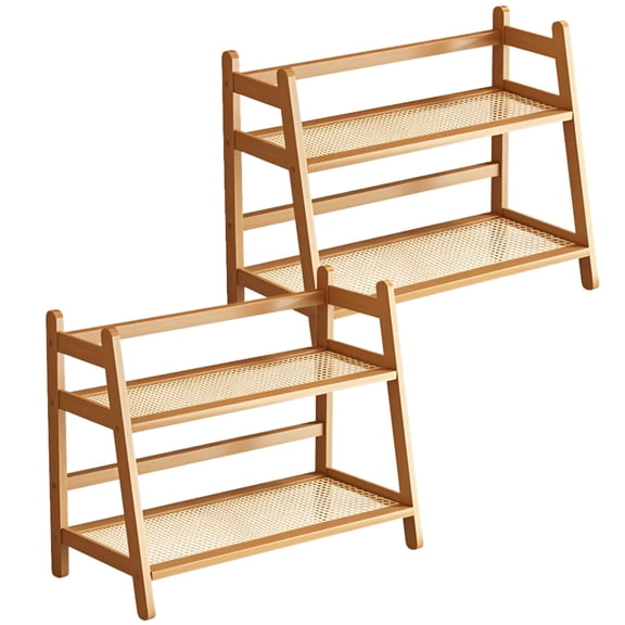 2-Tier Coffee Bar Organizer Shelf - 15.4 Wood & Faux Rattan Countertop Shelf | Coffee Bar Organizer for Kitchen, Spices, or Coffee Station