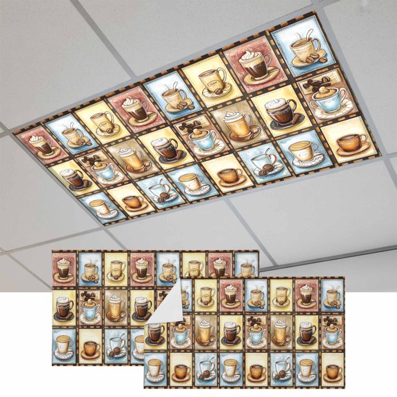 2 Pcs Coffee Theme Fluorescent Light Covers Retro Colorful Coffee Cups Beans Plaid Magnetic Light Covers for Ceiling Lights 4 x 2 ft Drop Ceiling Lights Cover Shade for Office, Home, Hospital