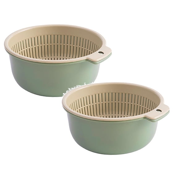 2 Pcs Colander Set with Strainer Bowl, 2 in 1 Fruit Washing Basket with Strainer, Plastic Colanders for Kitchen, Foldable Double Layered Colanders Bowl for Vegetable, 6.3x2.95 Inch, Mint Green