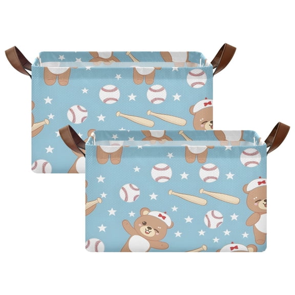 2 Pcs Collapsible Storage Bins Fabric Shelf Baskets with Handles 16.9"x11.4"x10" Closet Organizer Cute Bears Play Baseball