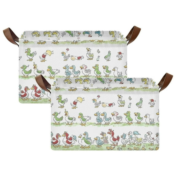 2 Pcs Collapsible Storage Bins Fabric Shelf Baskets with Handles Closet Organizer Cartoon Ducks Line 16.9x11.4x10