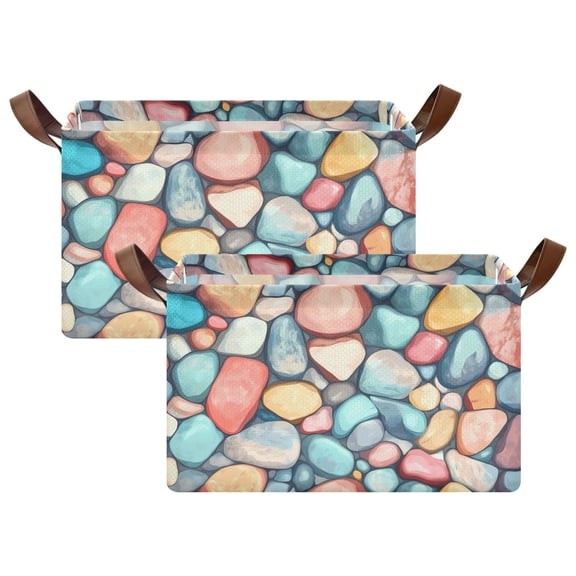 2 Pcs Collapsible Storage Bins Fabric Shelf Baskets with Handles Closet Organizer Colorful Small Stones 16.9x11.4x10