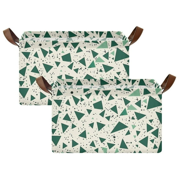 2 Pcs Collapsible Storage Bins Fabric Shelf Baskets with Handles Closet Organizer Green Small Triangles 16.9x11.4x10