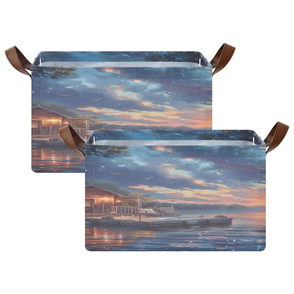 2 Pcs Collapsible Storage Bins Fabric Shelf Baskets with Handles Closet Organizer Lakehouse in Sunset 16.9x11.4x10