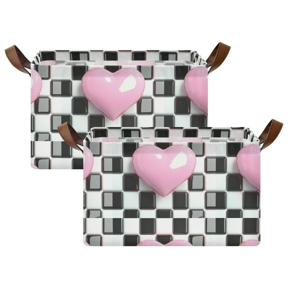 2 Pcs Collapsible Storage Bins Fabric Shelf Baskets with Handles Closet Organizer Pink Heart on Checkered 16.9x11.4x10