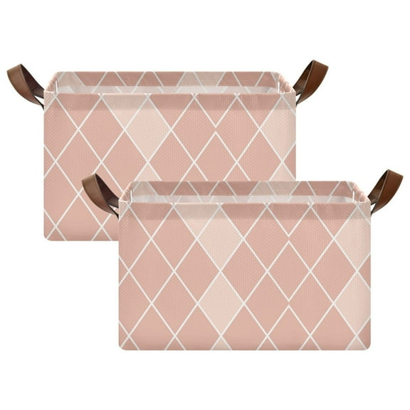 2 Pcs Collapsible Storage Bins Fabric Shelf Baskets with Handles Closet Organizer Rose Beige Block 16.9x11.4x10