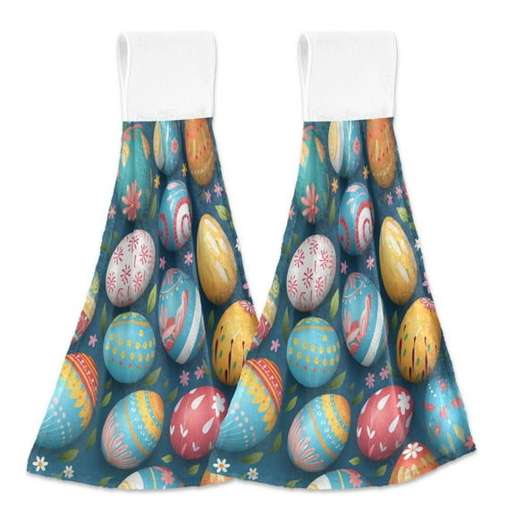 2 Pcs Colorful Easter Eggs Kitchen Hand Towels with Hanging Loops Absorbent Soft Fast Drying Decor Bath Towels