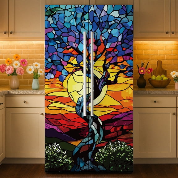 2 Pcs Colourful Tree Refrigerator Wraps Self-Adhesive Refrigerator Wrap Set Removable Fridge Sticker Fridges Panel Cover Sticker diy