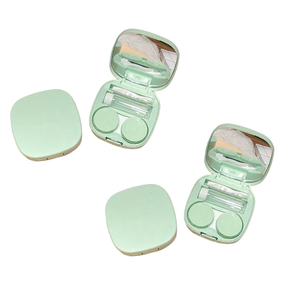 2 Pcs Contact Lens Case with Cleaner Washer, Travel Size Cute Colored Contact Lenses Applicator Removal Tool Kit with Mirror Solution Bottle for Daily Outdoor, 2.75x2.75x0.98 Inch, Green