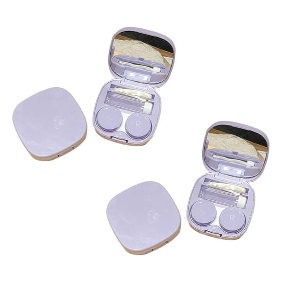 2 Pcs Contact Lens Case with Cleaner Washer, Travel Size Cute Colored Contact Lenses Applicator Removal Tool Kit with Mirror Solution Bottle for Daily Outdoor, 2.75x2.75x0.98 Inch, Purple