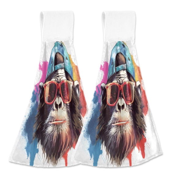 2 Pcs Cool Gorilla and Sunglasses Kitchen Hand Towels with Hanging Loops Absorbent Soft Fast Drying Decor Bath Towels