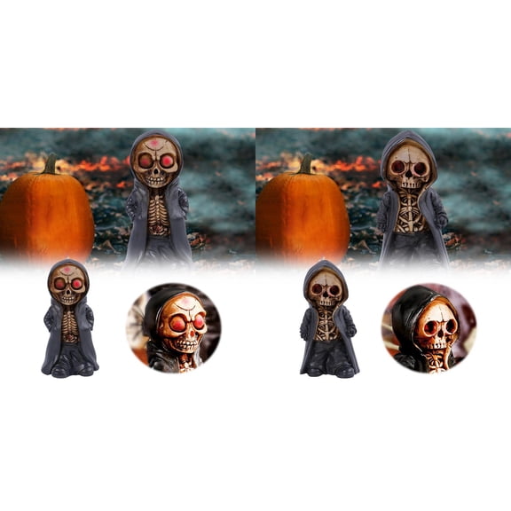 2 Pcs Cool Skeleton Figurines Halloween Skull Statue Ornaments, Resin Gothic Miniature Doll Decor for Home Desk Table, Spooky Sculpture Accent for Goth Party Mantel Shelf Display, 2.76"x5.12"