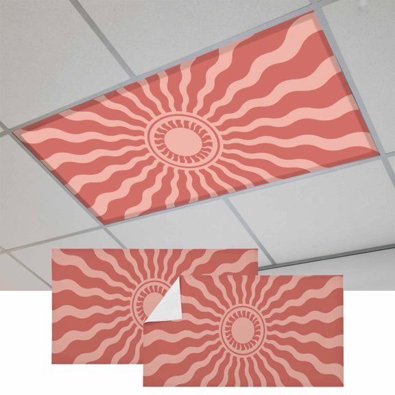 2 Pcs Coral Pink Radiant Sun Fluorescent Light Covers Abstract Wavy Sunbeams Rings Boho Eclectic Magnetic Light Covers for Ceiling Lights 4 x 2 ft Drop Ceiling Lights Cover Shade for Office, Home,