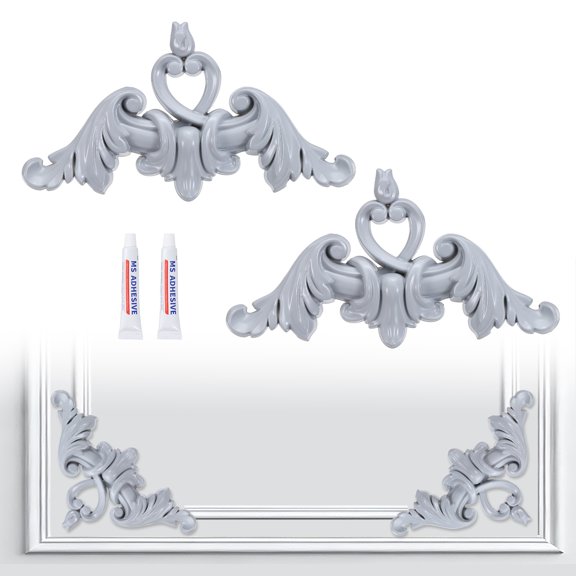 2 Pcs Corner Wall Molding, 4.5 in Decorative Corner Molding Panel French Style Floral Pattern Wall Trim Panel Kit with Nail-Free Glue for Cabinet Picture Frames, Grey