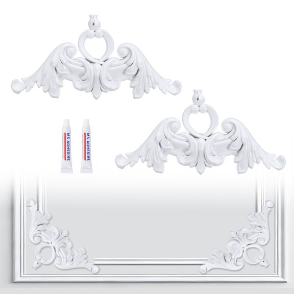2 Pcs Corner Wall Molding, 7 in Decorative Corner Molding Panel French Style Floral Pattern Wall Trim Panel Kit with Nail-Free Glue for Cabinet Picture Frames, White