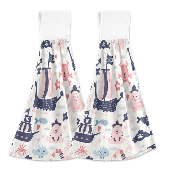 2 Pcs Corsair Fish Sun Animal Kitchen Hand Towels with Hanging Loops Absorbent Soft Fast Drying Decor Bath Towels
