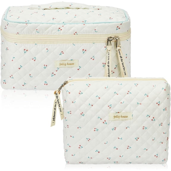 2 Pcs Cotton Quilted Makeup Bag, Large Travel Coquette Cosmetic Bag, Aesthetic Cute Floral Cherry Peony Toiletry Organizer Bag for Women