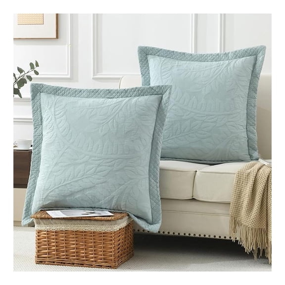 2 Pcs Cotton Quilted Pillow Shams Embroidered Farmhouse Embroidered Euro Shams 26"x26" (Euro, Aruba Blue)