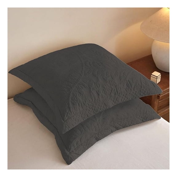 2 Pcs Cotton Quilted Pillow Shams Embroidered Farmhouse Embroidered Euro Shams 26"x26" (Euro, Grey)