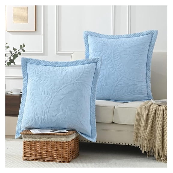 2 Pcs Cotton Quilted Pillow Shams Embroidered Farmhouse Embroidered Euro Shams 26"x26" (Euro, Light Blue)