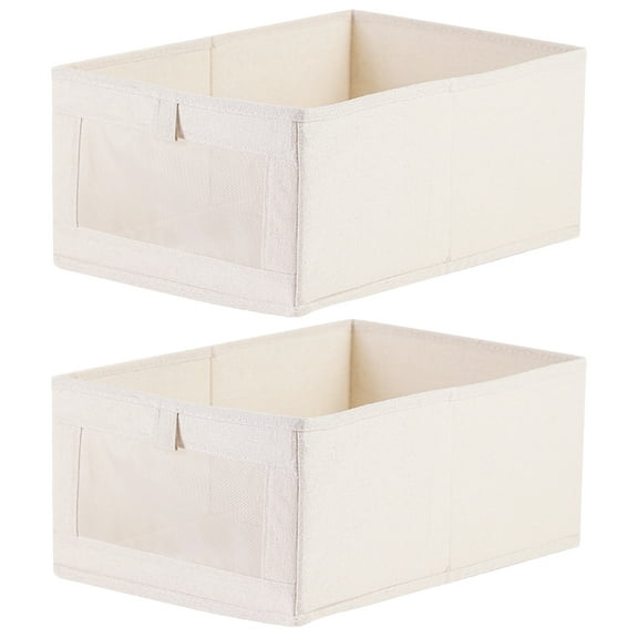 2 Pcs Cotton and Linen Fabric Foldable See-through Window Large-capacity Wardrobe Storage Box Clothes Pants Plush Toy 2pcs Beige Bins Bookshelf