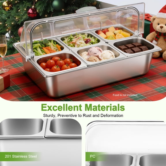 2 Pcs Countertop Food Display Container 6 Pans with 6 Ice Packs Cold Food Serving Tray Buffet Condiment Dispenser Salad Dressing Appetizer Spice Fruit Cold Serving Buffet Tray