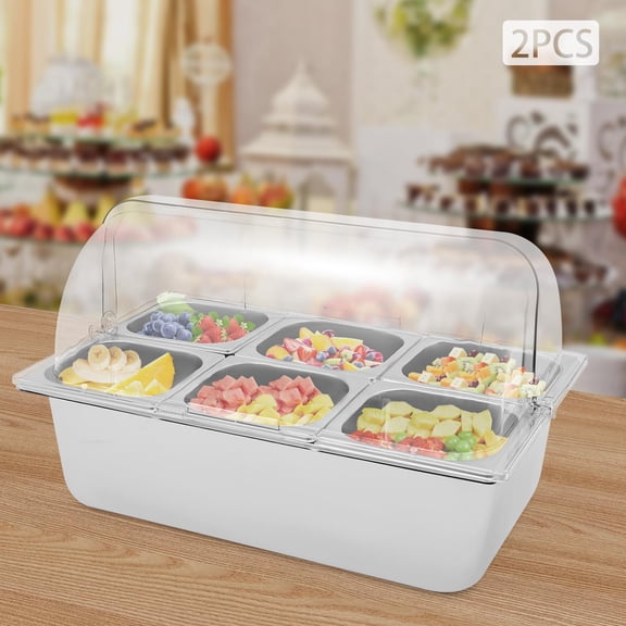 2 Pcs Countertop Food Display Container 6 Pans with 6 Ice Packs Cold Food Serving Tray Buffet Condiment Dispenser Salad Dressing Appetizer Spice Fruit Cold Serving Buffet Tray