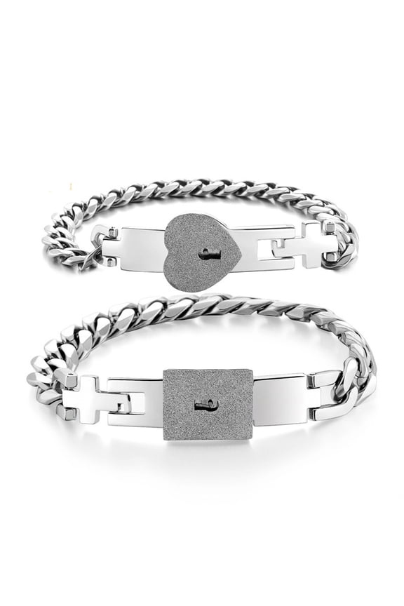 2 Pcs Couple Bracelets Novelty Lock for Key Bangle Bracelets Stainless Steel Lover Heart Lock for Key Jewel