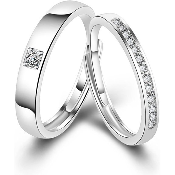 2 Pcs Couple Rings for Women and Men Couples Matching Rings Cubic Zirconia Half Eternity Band Rings Anniversary Promise Engagement Wedding Ring Sets Adjustable