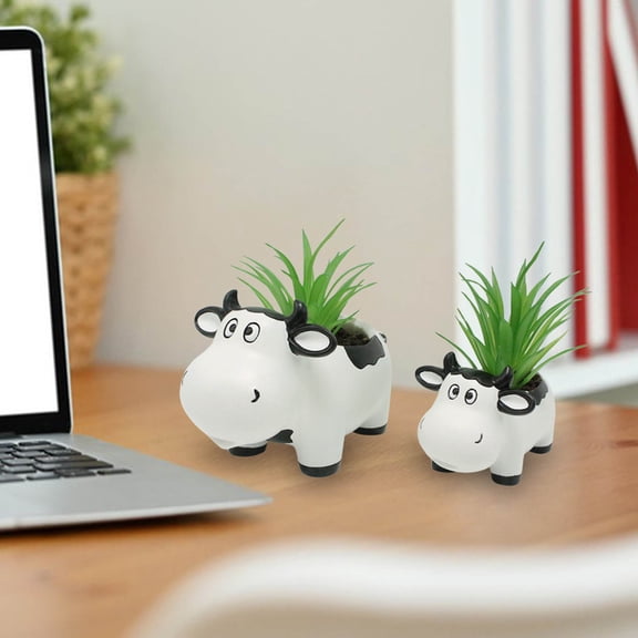 2 Pcs Cow Pots with Drainage Cute Animal Ceramic Planter Pots Plants Holder Cow Shaped Cactus Flower Container for Home Display and Office Desk Decoration