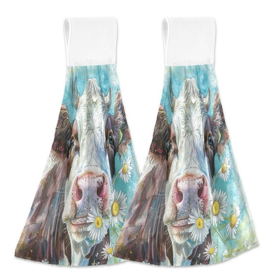 2 Pcs Cow and Daisy Kitchen Hand Towels with Hanging Loops Absorbent Soft Fast Drying Decor Bath Towels