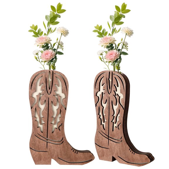 2 Pcs Cowboy Boot Planter, Wall Mounted Rustic Decor, Western Style Basswood Vase for Indoor Faux Plants, Unique Hollow Wooden Design, Ideal Home Art Ornament