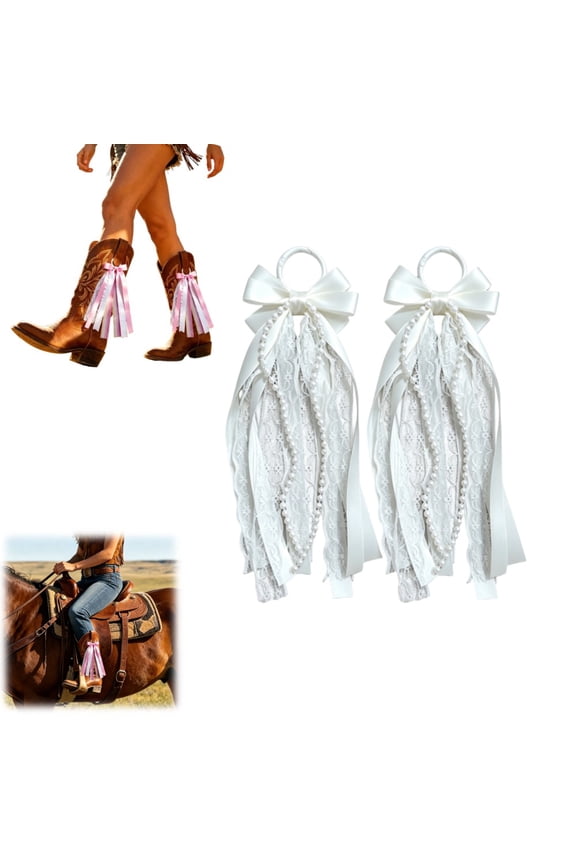 2 Pcs Cowgirl Boot Bows, White White Buffalo Plaid Martin Ribbon Bows Pearl Lace Long Tail Removable Western DIY Shoe Accessories for Birthday Party Decor