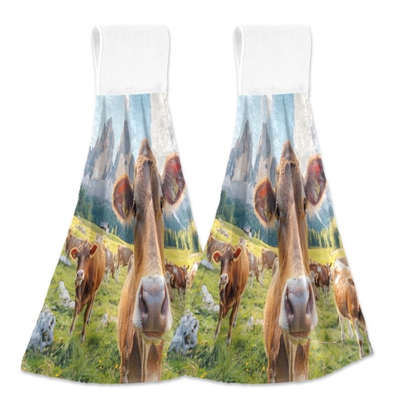 2 Pcs Cows Cattle Hang Out Kitchen Hand Towels with Hanging Loops Absorbent Soft Fast Drying Decor Bath Towels