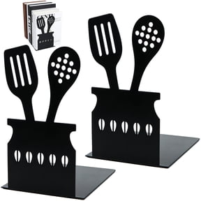 2 Pcs Metal Bookends for Shelves, Kitchen Utensil Design, Decorative Book Ends for Home, Office, School, 5.90 x 3.93 in, Black