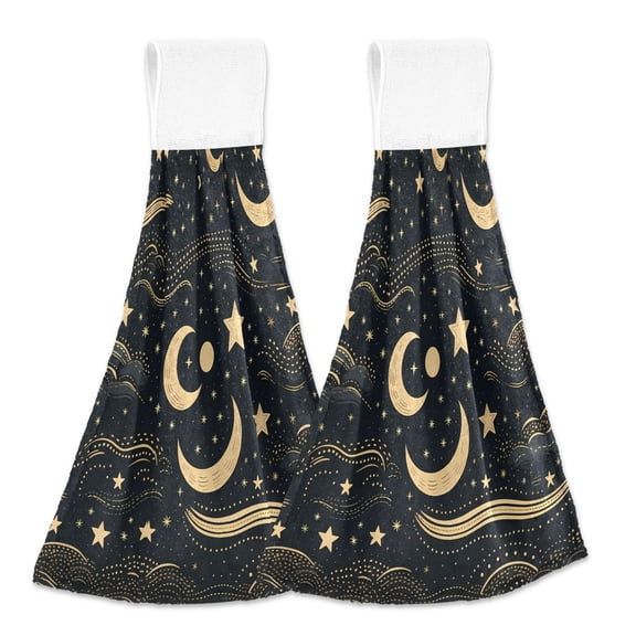 2 Pcs Crescent Moon and Star Kitchen Hand Towels with Hanging Loops Absorbent Soft Fast Drying Decor Bath Towels