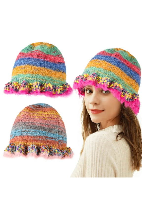 2 Pcs Crochet Bucket Hats, Fashionable Alpaca Wool Winter Hats for Women, Cute Colorful Striped Knit Hats, Foldable Bohemian Beanies for Travel and Presenting