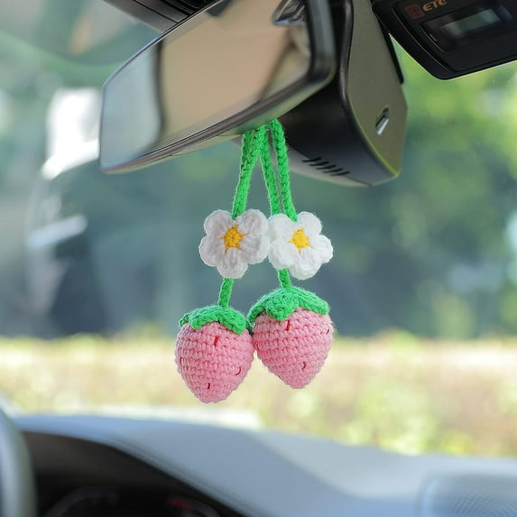 2 Pcs Crochet Car Hanging Ornament, Adjustable Car Pendant Decor,Car Mirror Hanging Accessories Decorations, Strawberry Car Ornament,Handmade Knitted Car Mirror Hanging for Car Rearview Mirrior Decor