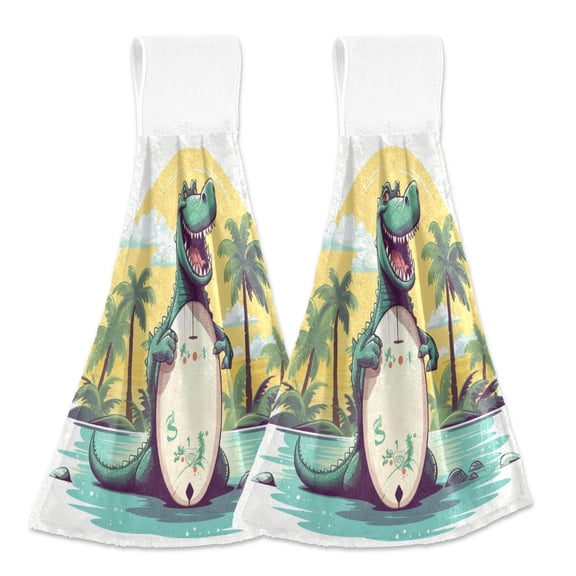 2 Pcs Crocodile and Surfboard Kitchen Hand Towels with Hanging Loops Absorbent Soft Fast Drying Decor Bath Towels